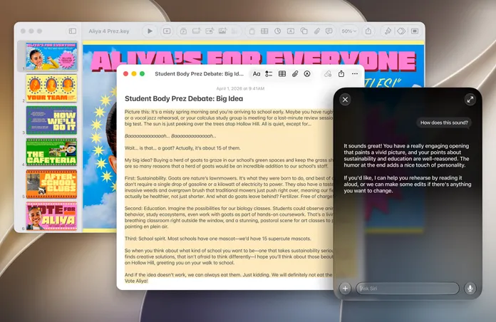 MacBook screen with Keynote and Notes app documents referencing a student body presidential debate, a query for Siri to help make the argument stronger is also shown with two suggestions